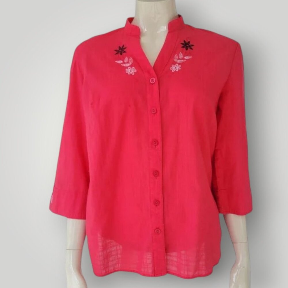 City Blues by Koret Women's S Pink 100% Cotton Blouse White & Black Embroidery